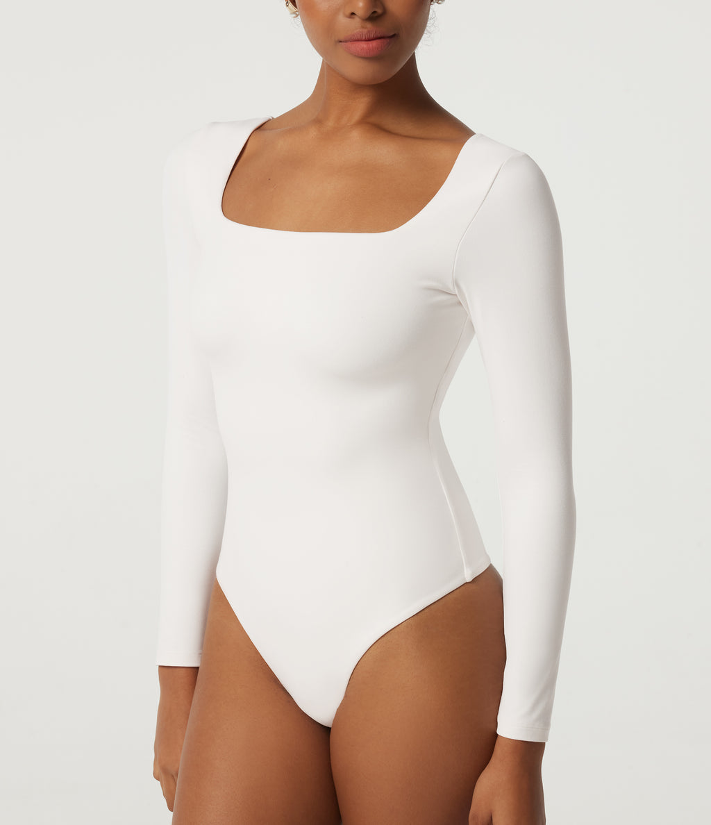 Square Neck Long Sleeve Casual Bodysuit — White — view 7
