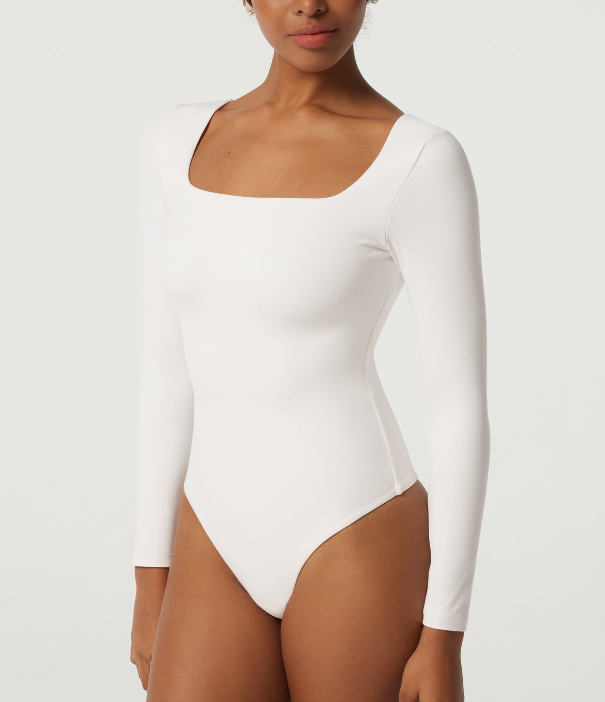 Square Neck Long Sleeve Casual Bodysuit — White — view 7