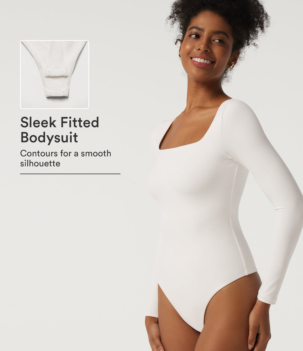 Square Neck Long Sleeve Casual Bodysuit — White — view 1