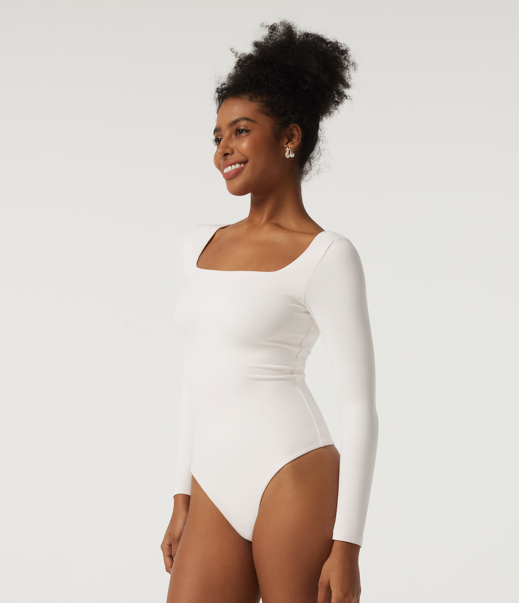 Square Neck Long Sleeve Casual Bodysuit — White — view 5
