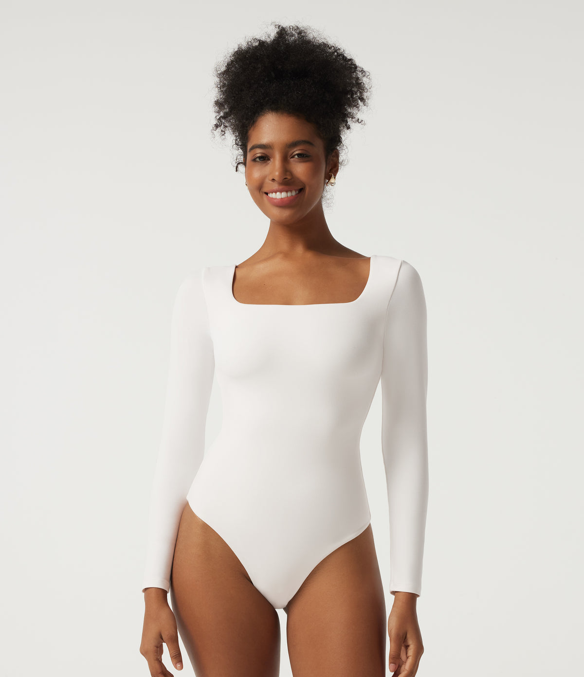 Square Neck Long Sleeve Casual Bodysuit — White — view 3