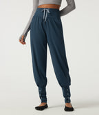Airy High Waisted Drawstring Ruched Yoga Joggers with Pockets — Majolica Blue — view 1