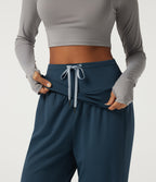 Airy High Waisted Drawstring Ruched Yoga Joggers with Pockets — Majolica Blue — view 6