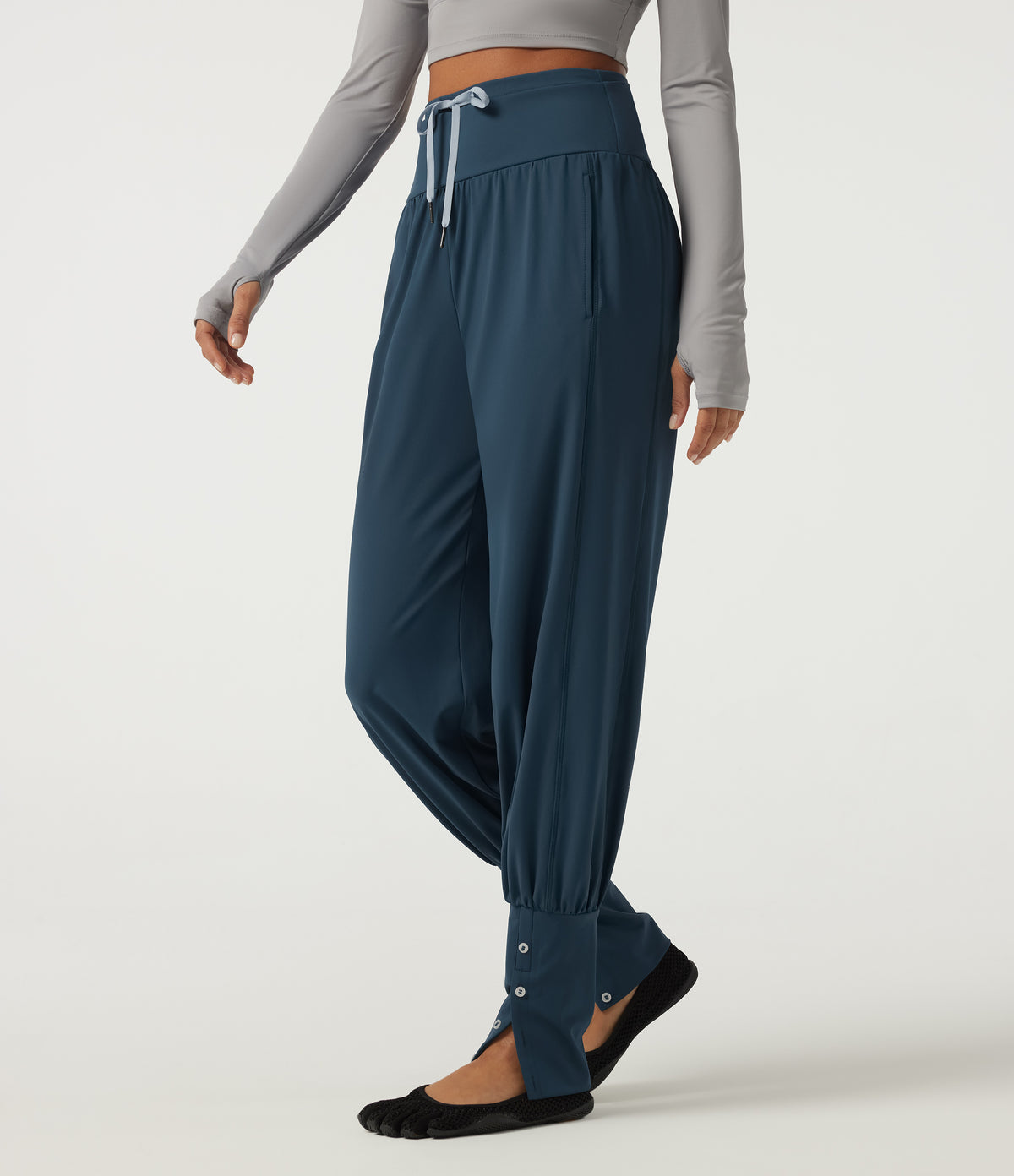 Airy High Waisted Drawstring Ruched Yoga Joggers with Pockets — Majolica Blue — view 3