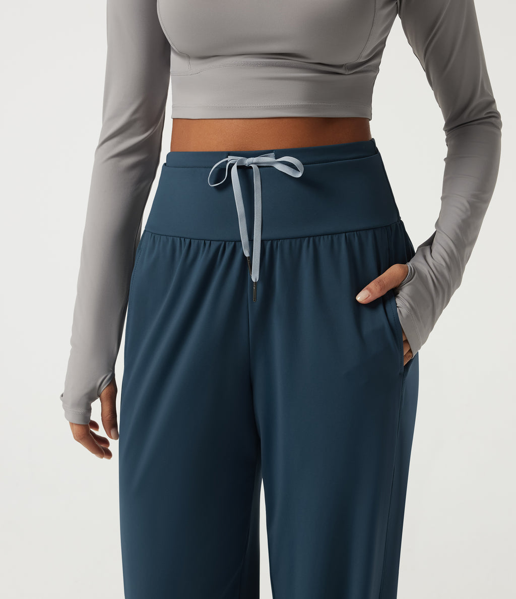 Airy High Waisted Drawstring Ruched Yoga Joggers with Pockets — Majolica Blue — view 5