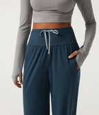 Airy High Waisted Drawstring Ruched Yoga Joggers with Pockets — Majolica Blue — view 5