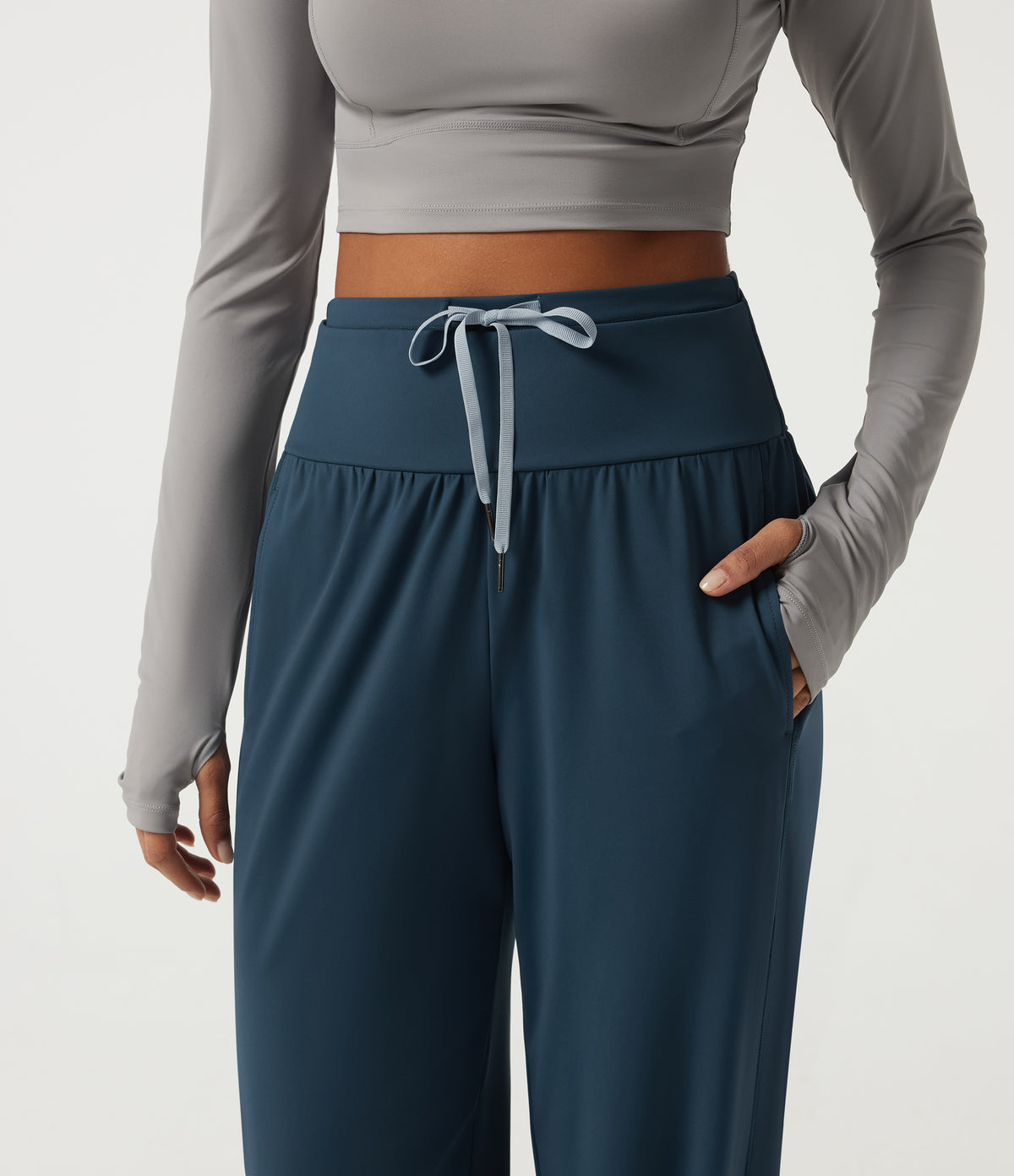 Airy High Waisted Drawstring Ruched Yoga Joggers with Pockets — Majolica Blue — view 5