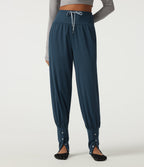 Airy High Waisted Drawstring Ruched Yoga Joggers with Pockets — Majolica Blue — view 4