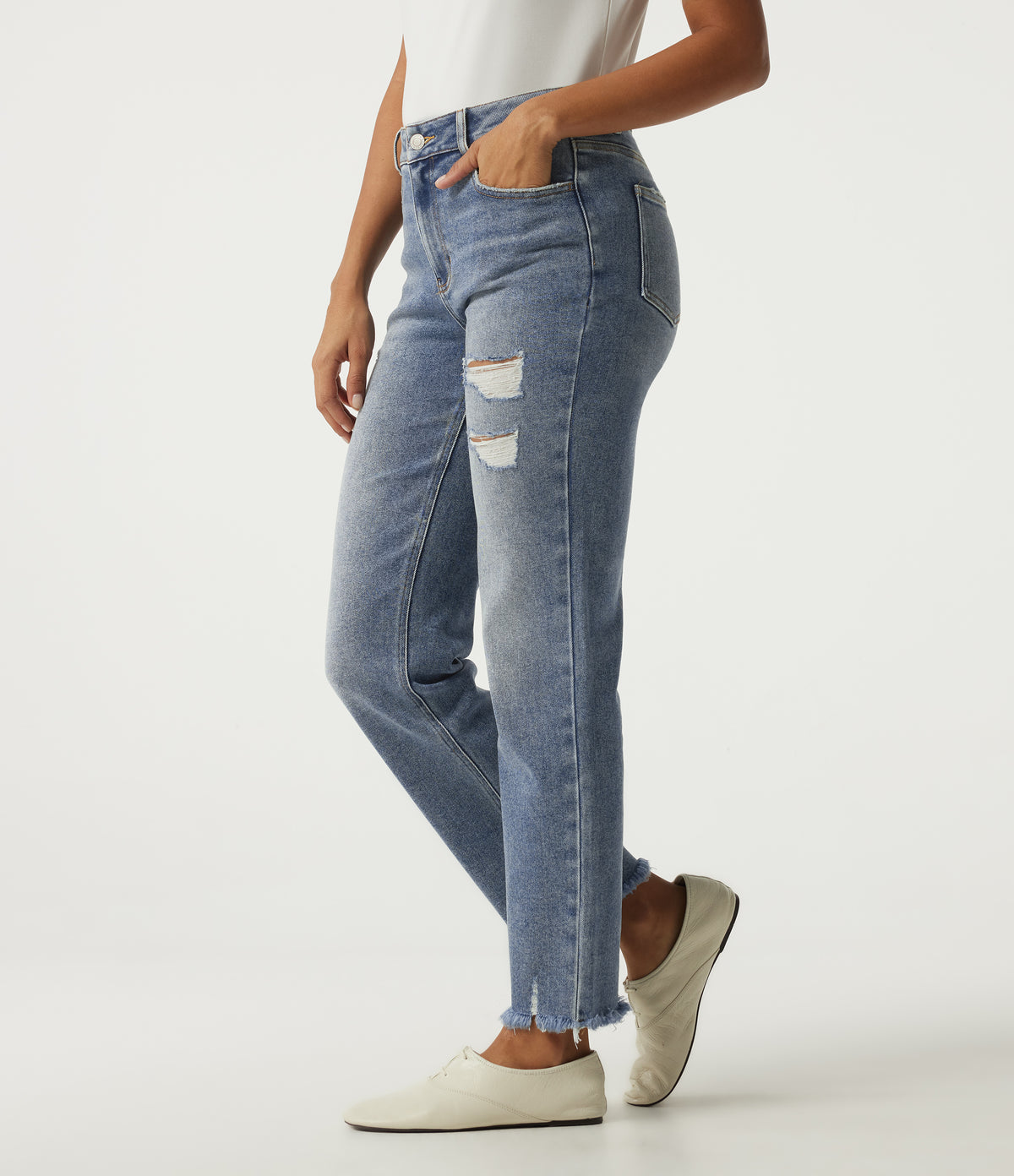High Waisted Straight Leg Casual Cotton Jeans with Pockets — Blue Jasper Denim — view 3