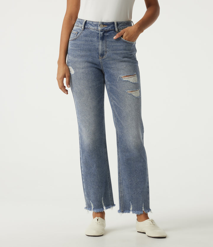 High Waisted Straight Leg Casual Cotton Jeans with Pockets — Blue Jasper Denim — view 1