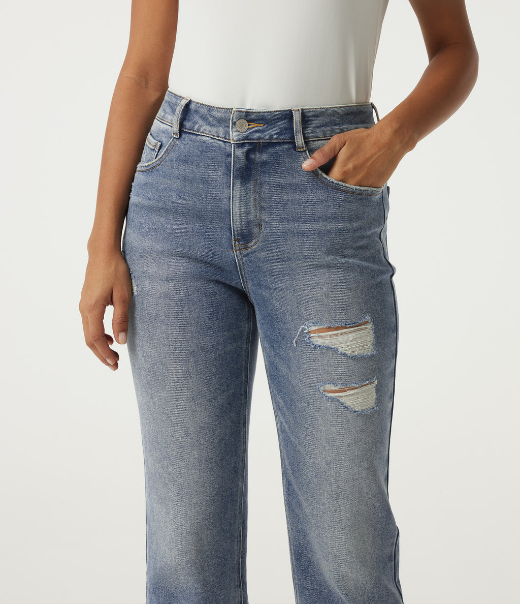 High Waisted Straight Leg Casual Cotton Jeans with Pockets — Blue Jasper Denim — view 4