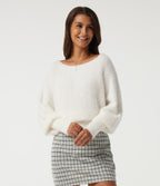 Off Shoulder Bishop Long Sleeve Casual Sweater — White — view 4