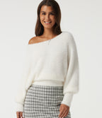 Off Shoulder Bishop Long Sleeve Casual Sweater — White — view 1