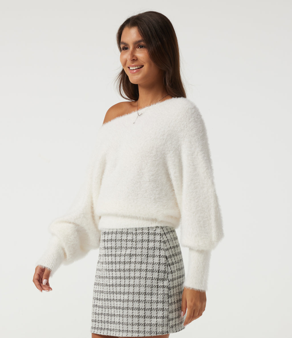 Off Shoulder Bishop Long Sleeve Casual Sweater — White — view 3