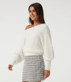 Off Shoulder Bishop Long Sleeve Casual Sweater — White — view 3