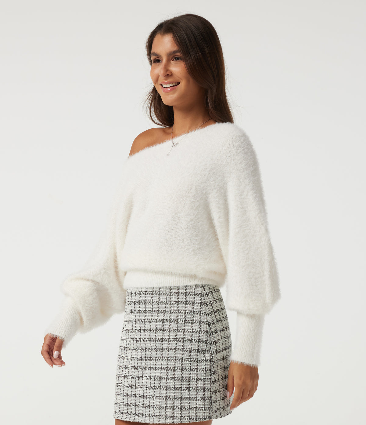 Off Shoulder Bishop Long Sleeve Casual Sweater — White — view 3