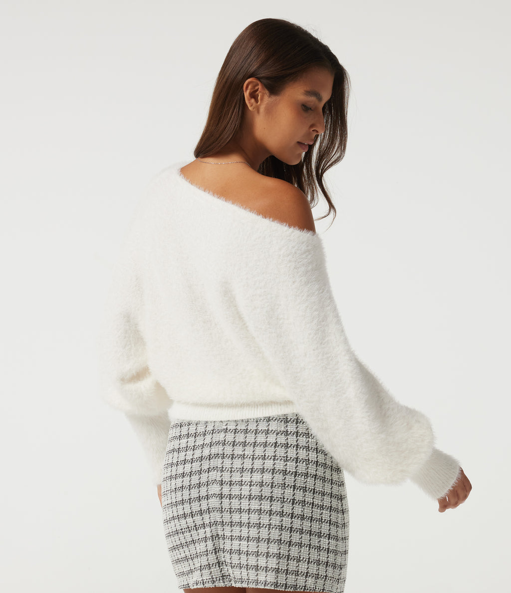 Off Shoulder Bishop Long Sleeve Casual Sweater — White — view 2