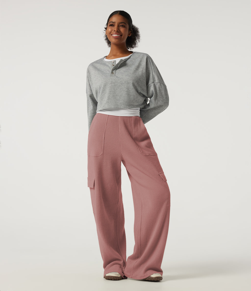 High Waisted Wide Leg Waffle Casual Sweatpants with Pockets — Wild Salmon — view 7