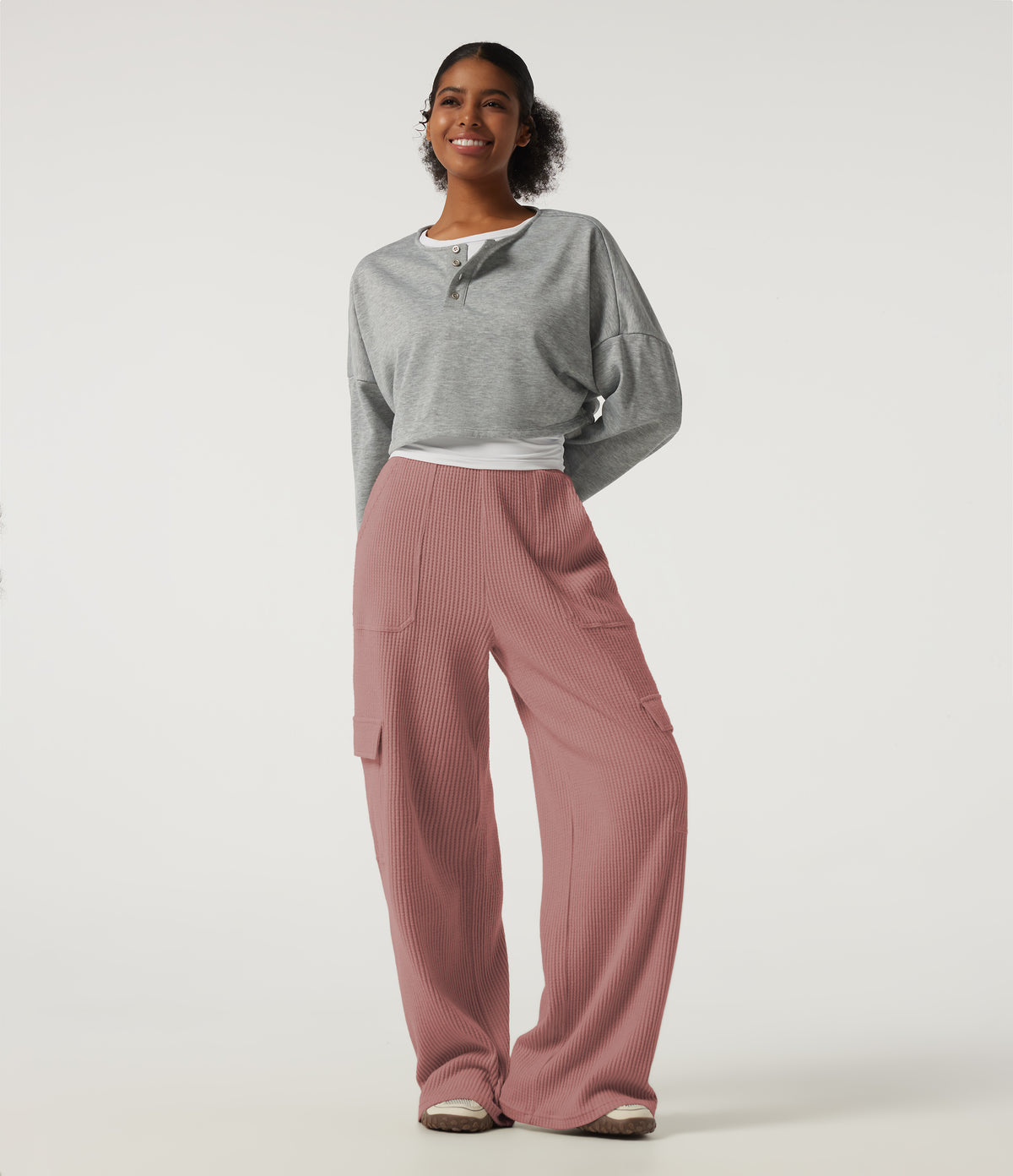 High Waisted Wide Leg Waffle Casual Sweatpants with Pockets — Wild Salmon — view 7