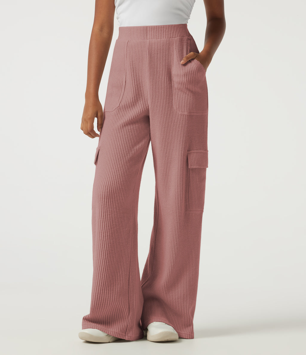 High Waisted Wide Leg Waffle Casual Sweatpants with Pockets — Wild Salmon — view 1