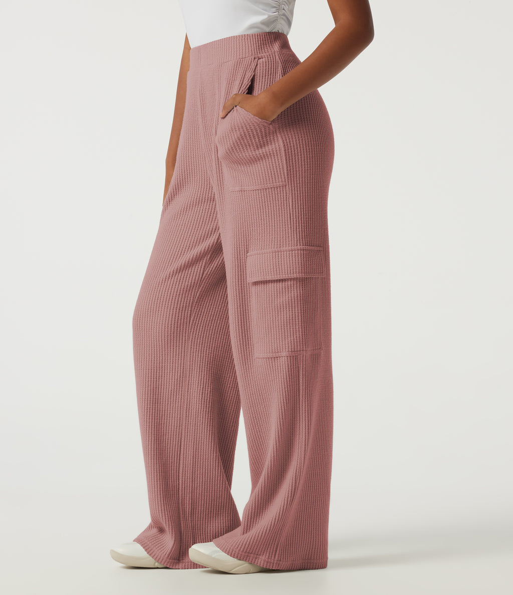 High Waisted Wide Leg Waffle Casual Sweatpants with Pockets — Wild Salmon — view 3