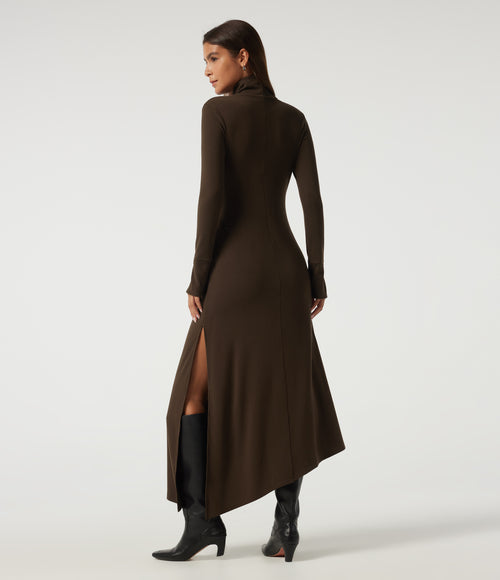 High Neck Long Sleeve Asymmetric Thermal Casual Bodycon Midi Dress — Cocoa — view 2