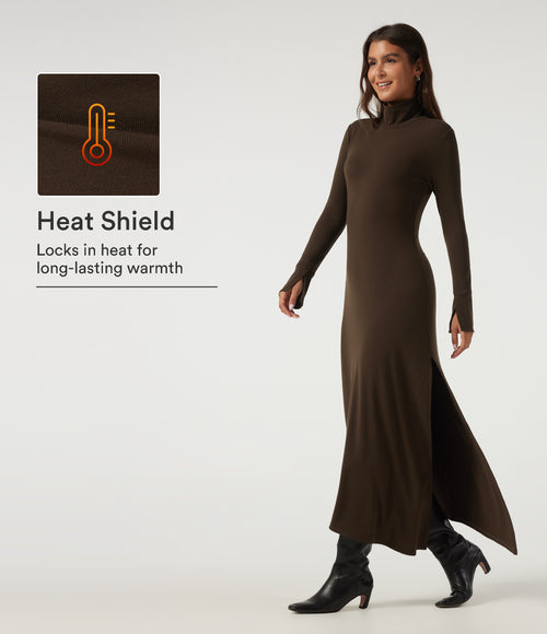 High Neck Long Sleeve Asymmetric Thermal Casual Bodycon Midi Dress — Cocoa — view 1