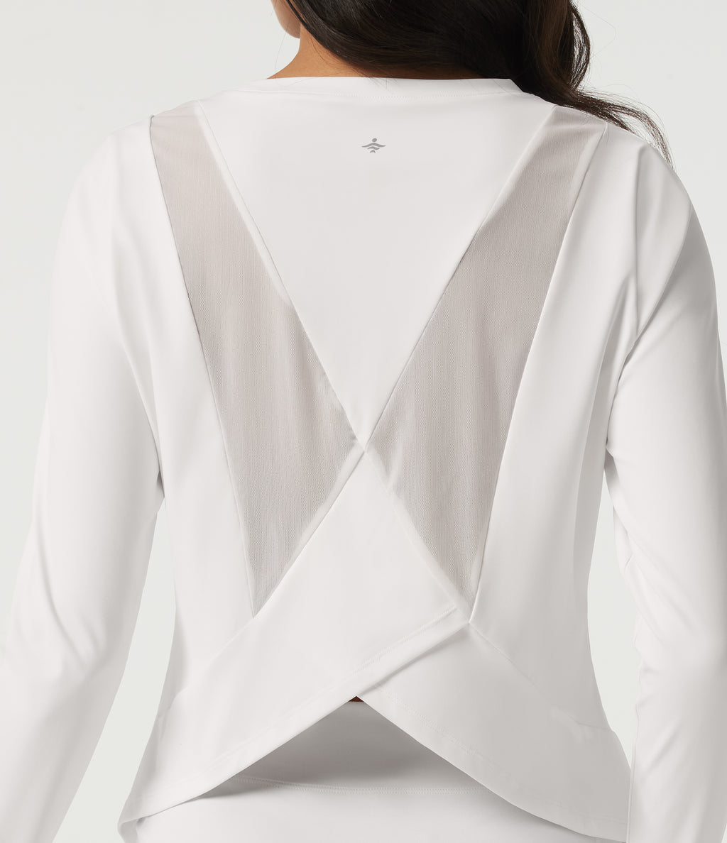 Airy Round Neck Long Sleeve Mesh Back Yoga Sports Top — White — view 6