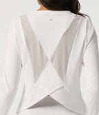 Airy Round Neck Long Sleeve Mesh Back Yoga Sports Top — White — view 6