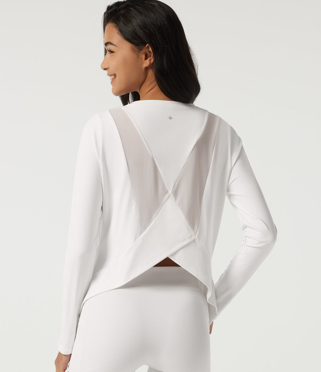 Airy Round Neck Long Sleeve Mesh Back Yoga Sports Top — White — view 1