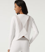 Airy Round Neck Long Sleeve Mesh Back Yoga Sports Top — White — view 1