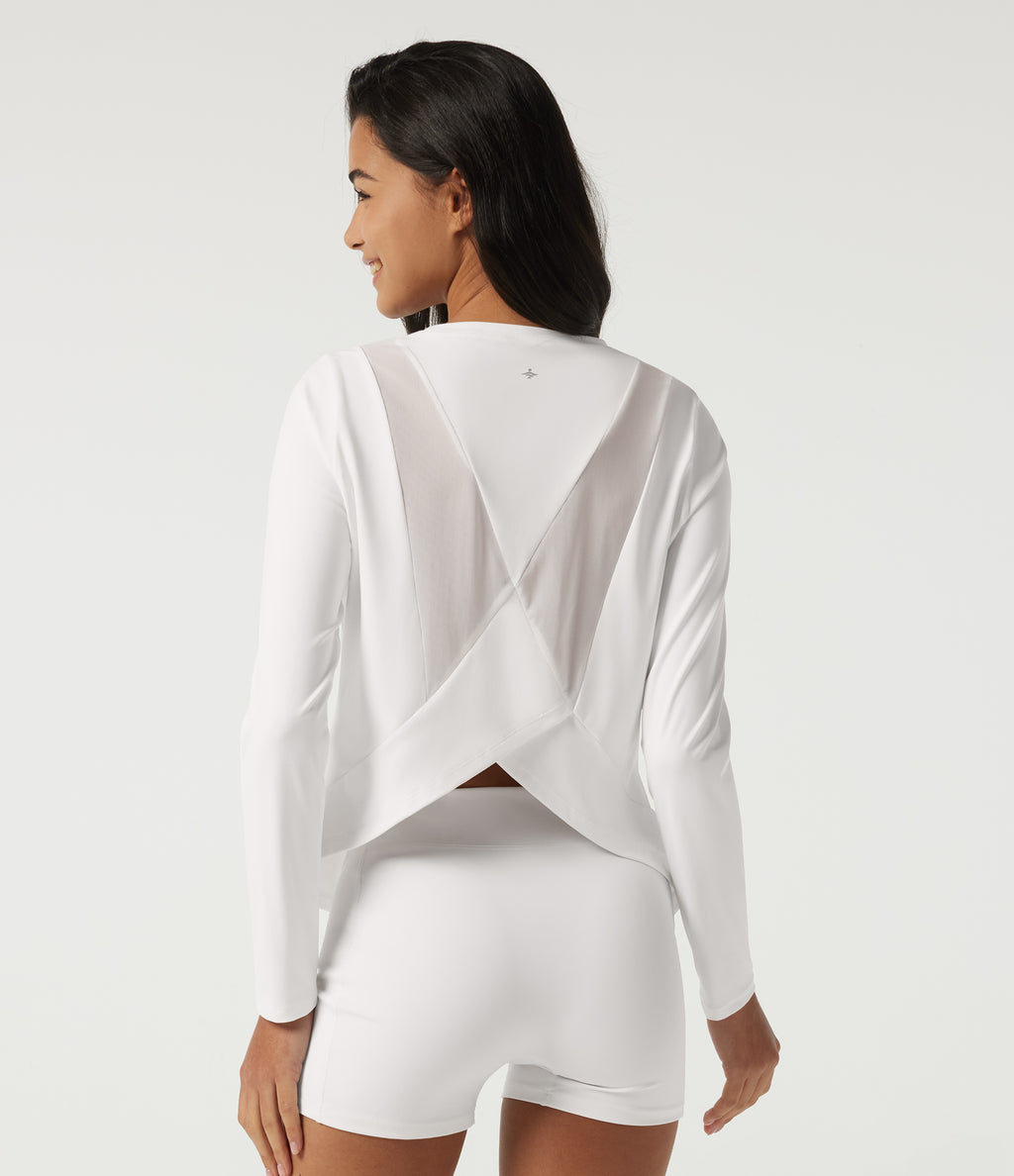 Airy Round Neck Long Sleeve Mesh Back Yoga Sports Top — White — view 4