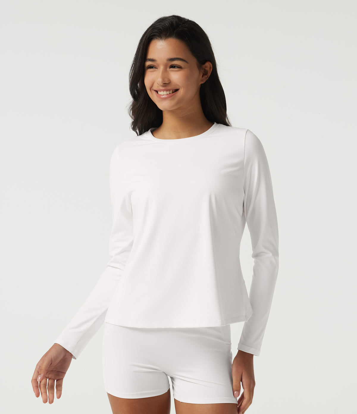 Airy Round Neck Long Sleeve Mesh Back Yoga Sports Top — White — view 3