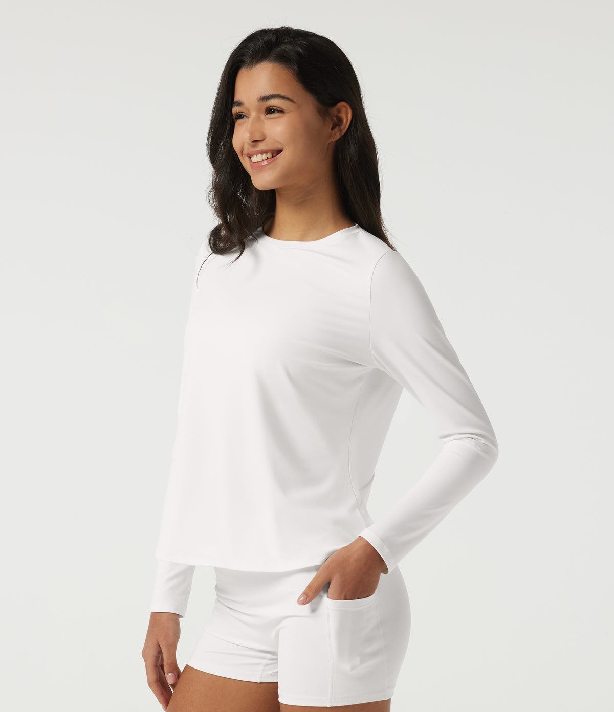 Airy Round Neck Long Sleeve Mesh Back Yoga Sports Top — White — view 2