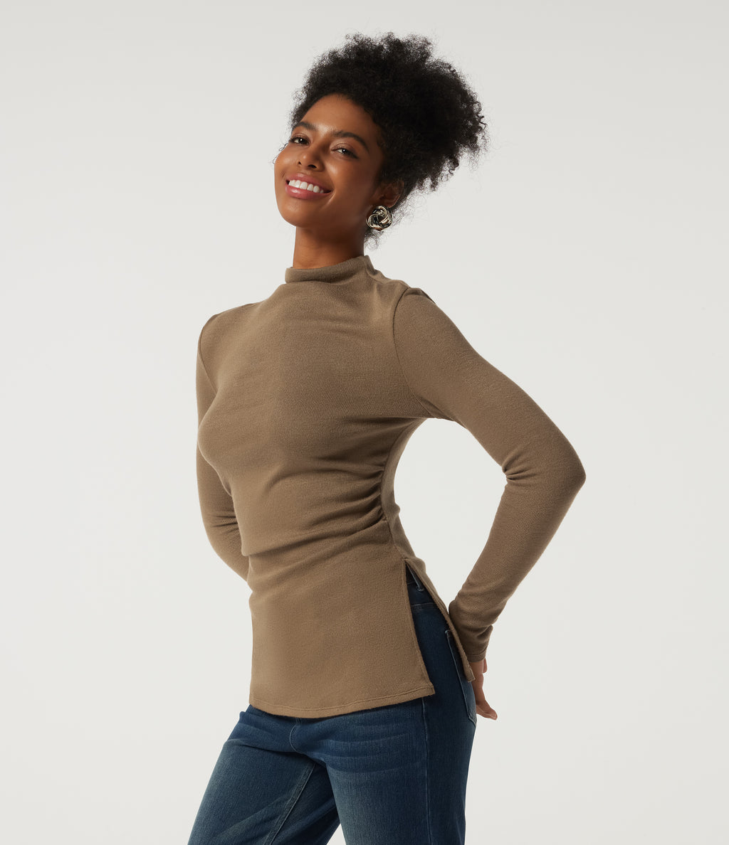 Mock Neck Long Sleeve Split Hem Ruched Casual Top — Deep Ochre — view 3