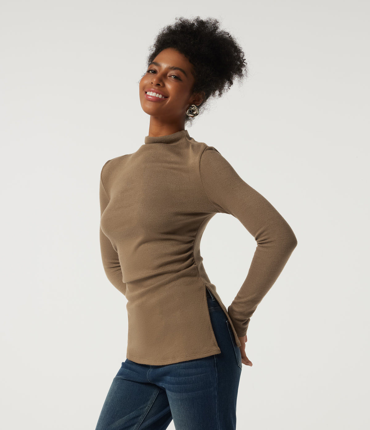 Mock Neck Long Sleeve Split Hem Ruched Casual Top — Deep Ochre — view 3