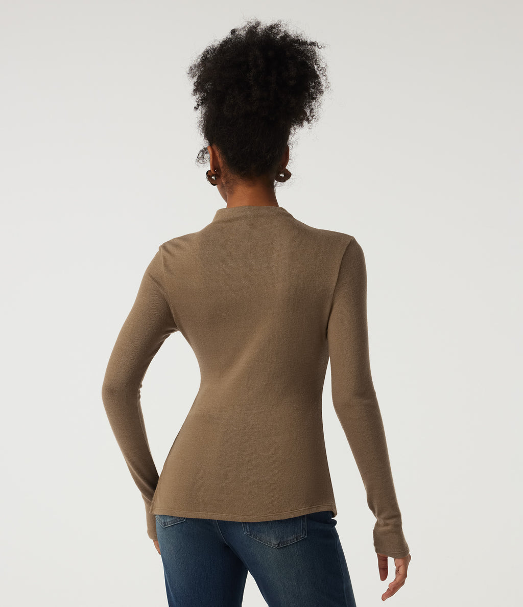 Mock Neck Long Sleeve Split Hem Ruched Casual Top — Deep Ochre — view 2