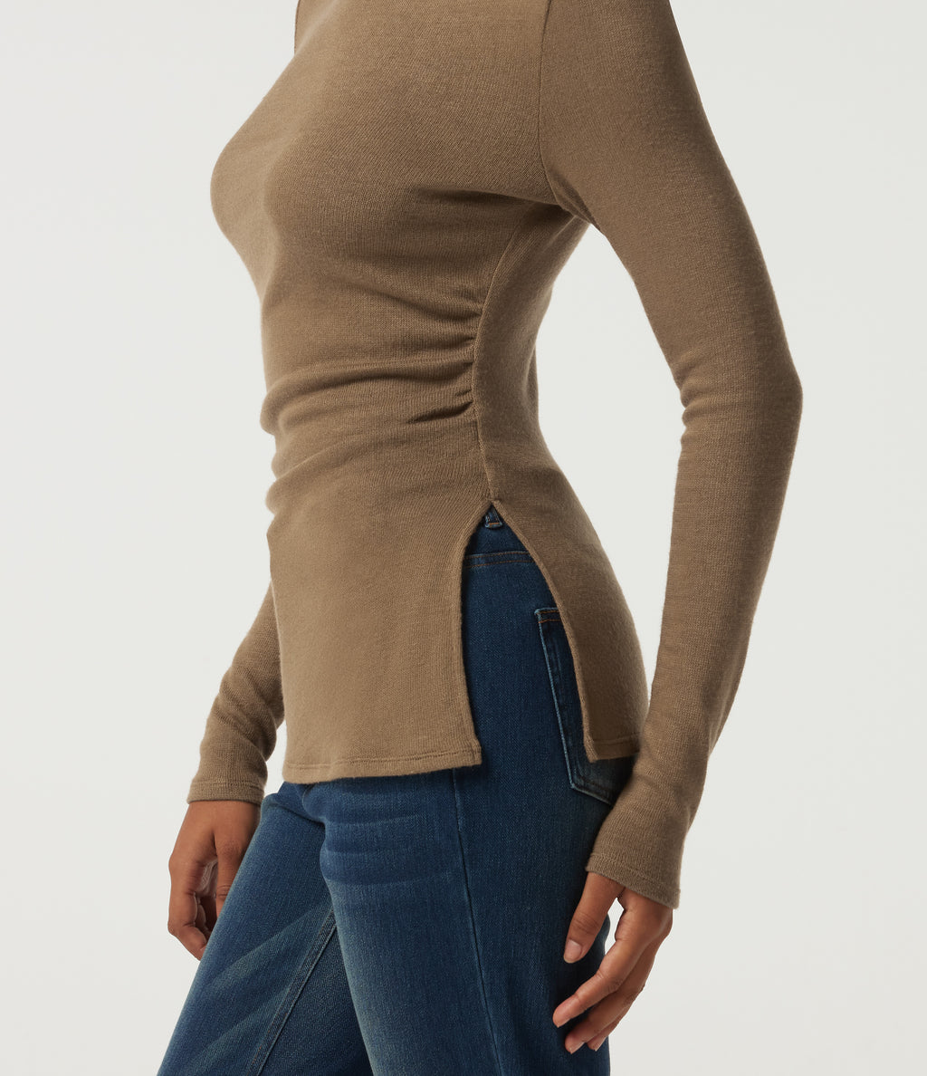 Mock Neck Long Sleeve Split Hem Ruched Casual Top — Deep Ochre — view 5