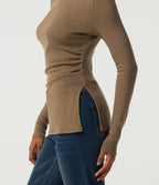 Mock Neck Long Sleeve Split Hem Ruched Casual Top — Deep Ochre — view 5