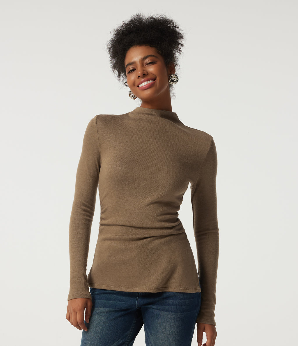 Mock Neck Long Sleeve Split Hem Ruched Casual Top — Deep Ochre — view 1