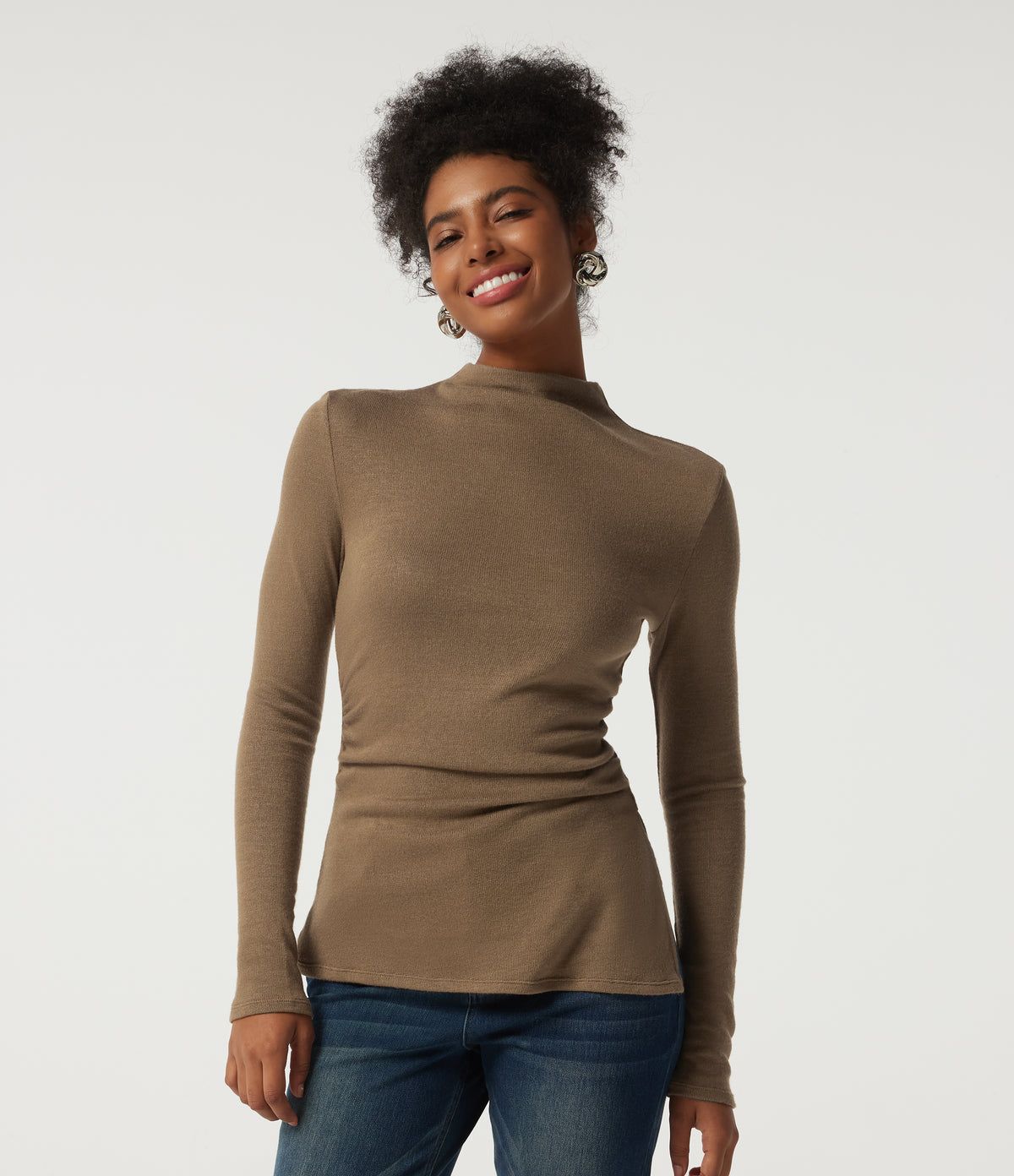 Mock Neck Long Sleeve Split Hem Ruched Casual Top — Deep Ochre — view 1