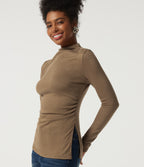Mock Neck Long Sleeve Split Hem Ruched Casual Top — Deep Ochre — view 4