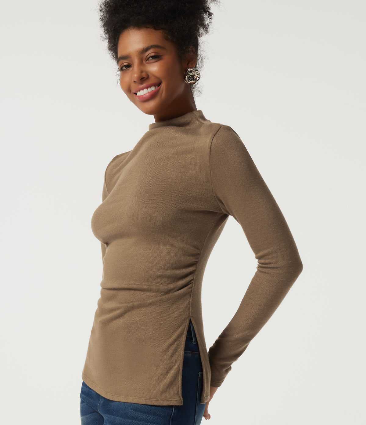 Mock Neck Long Sleeve Split Hem Ruched Casual Top — Deep Ochre — view 4
