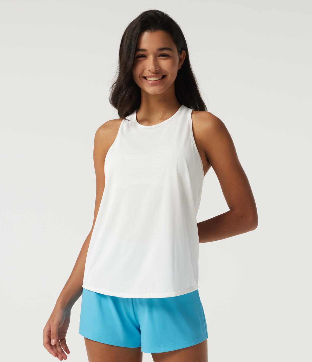 Reflective Round Neck Racerback Contrast Mesh Running Tank Top — White — view 2