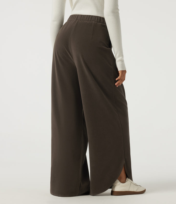 Wrinkle Recovery High Waisted Baggy Split Hem Corduroy Casual Pant with Pockets — Demitasse — view 2