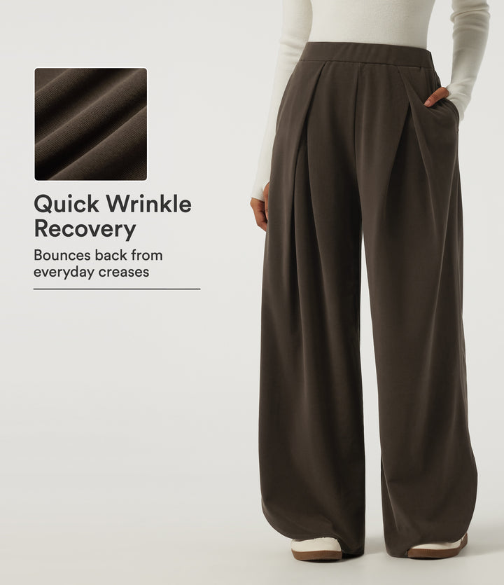 Wrinkle Recovery High Waisted Baggy Split Hem Corduroy Casual Pant with Pockets — Demitasse — view 1
