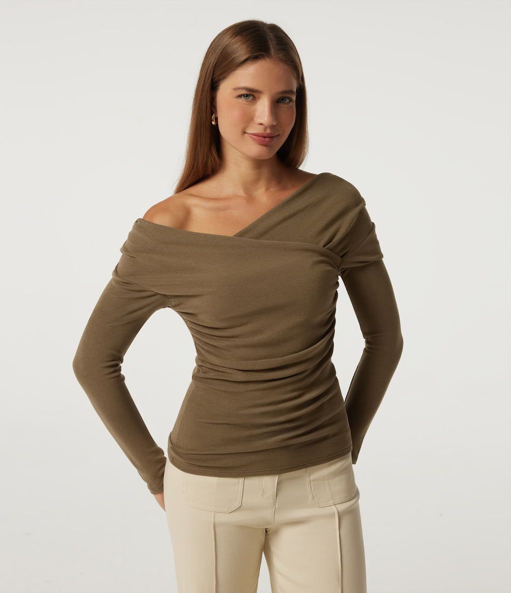 V Neck Long Sleeve Crossover Ruched Thermal Casual Top — Butternut — view 4