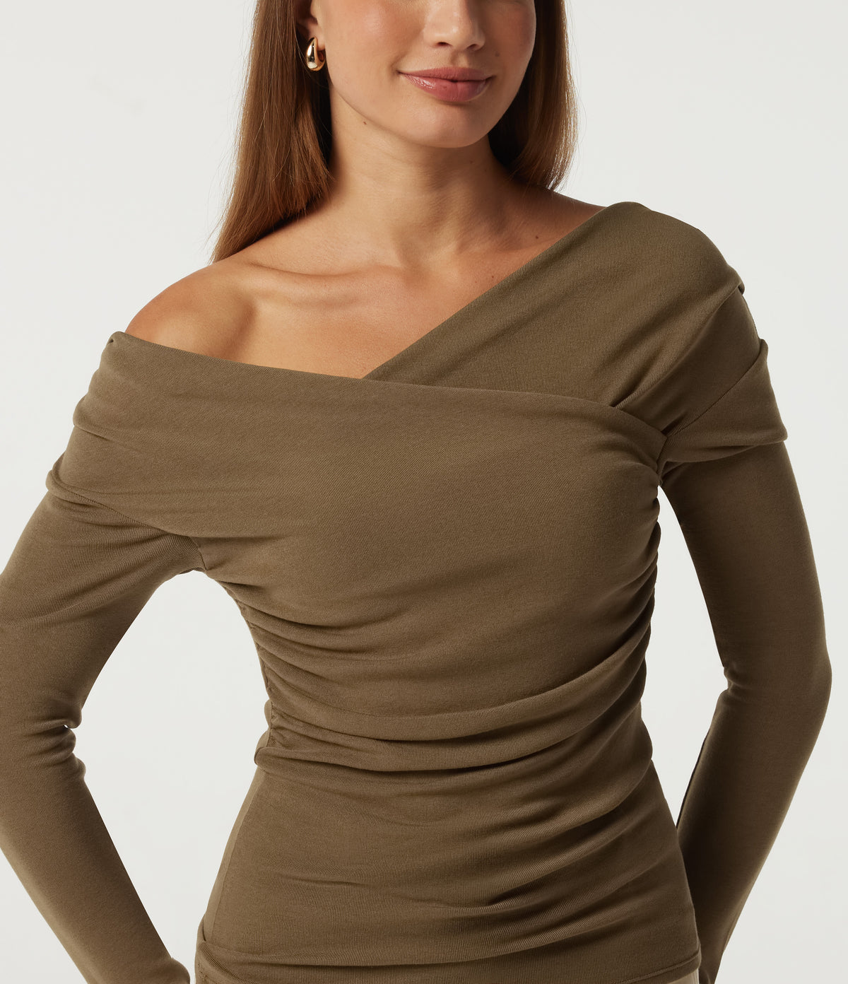 V Neck Long Sleeve Crossover Ruched Thermal Casual Top — Butternut — view 6