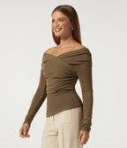 V Neck Long Sleeve Crossover Ruched Thermal Casual Top — Butternut — view 3