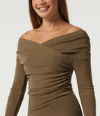 V Neck Long Sleeve Crossover Ruched Thermal Casual Top — Butternut — view 5